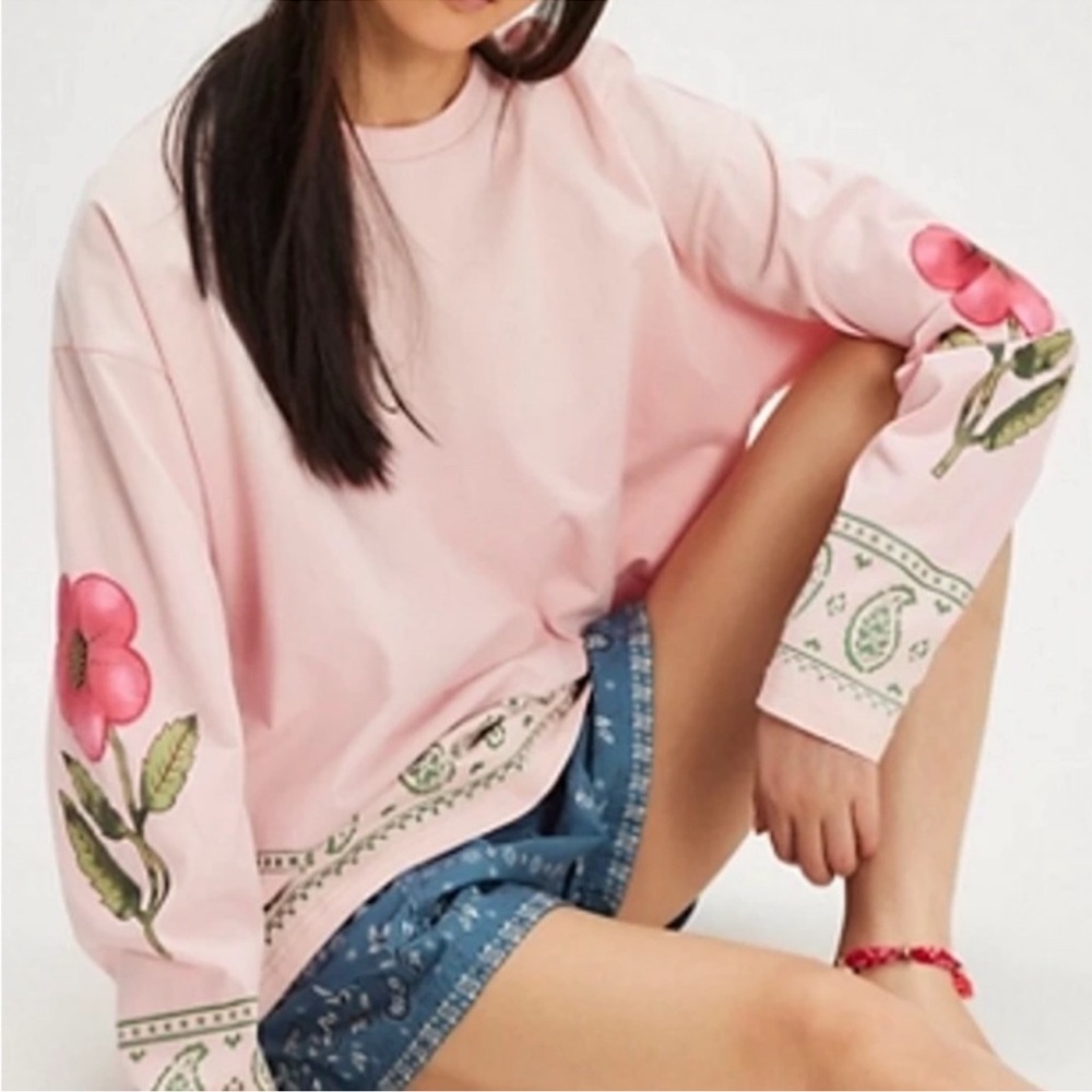 NWT FREE PEOPLE FOUND Folklore L/S Embroidered Tee SZ: L